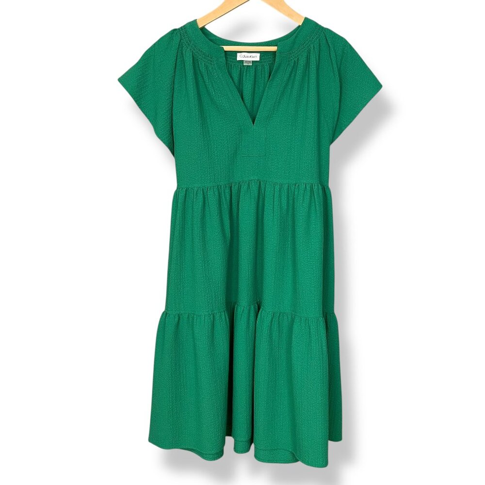 Calvin Klein Flutter Sleeve Dress A-Line Green Textured Size 10 Women Belted